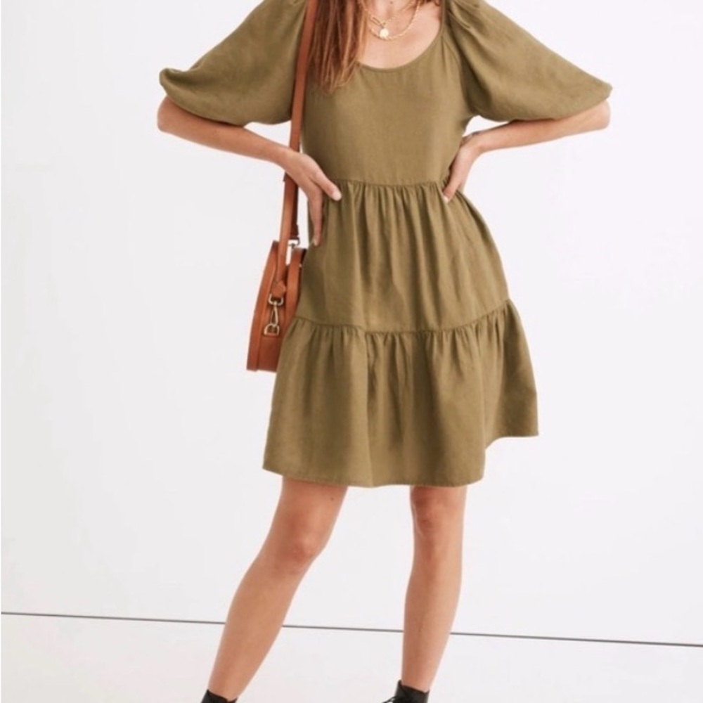 Madewell (Re)spendable Olive Green Puff Sleeve Dress size small
